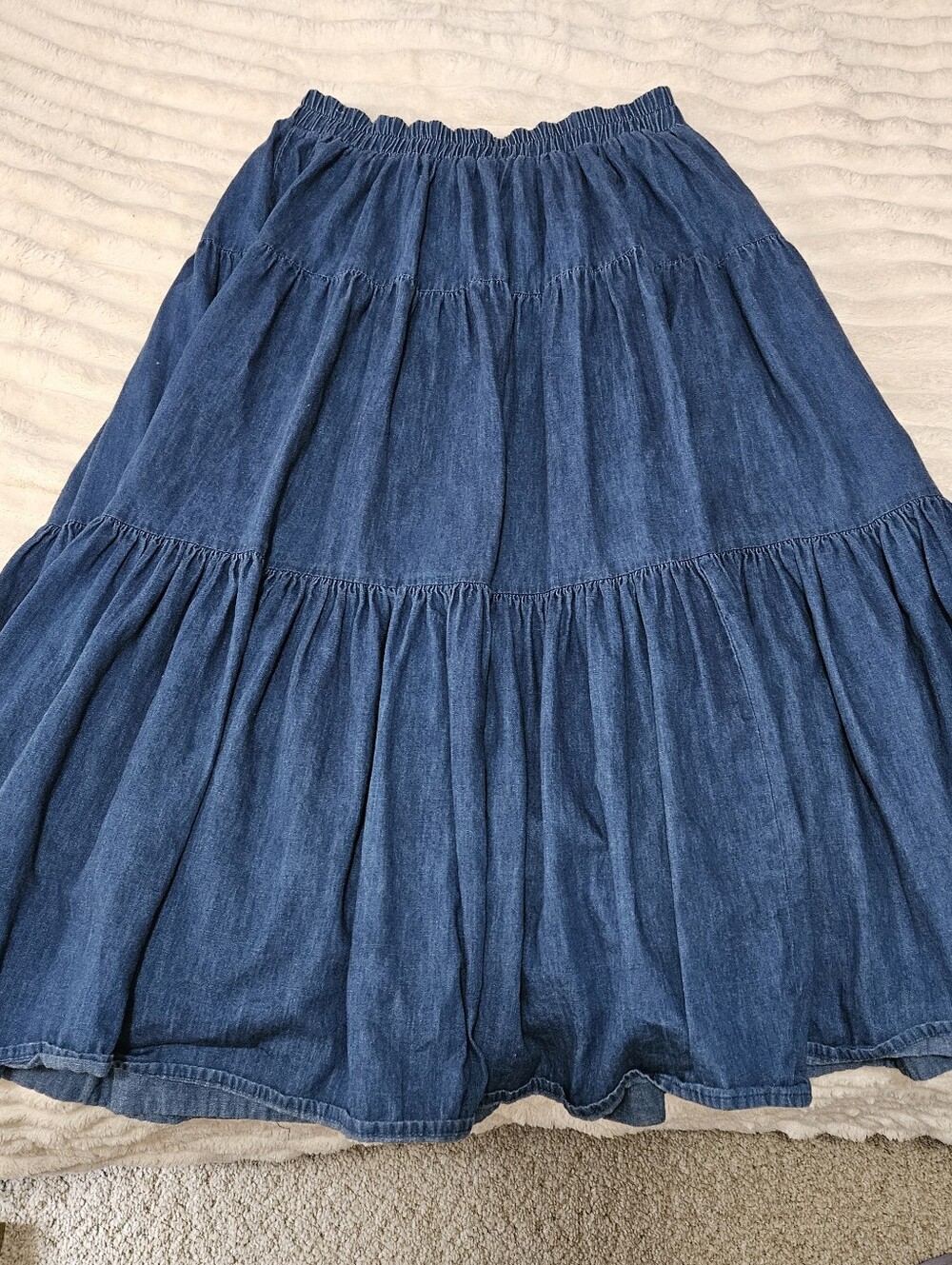 Vintage Glen Cove Denim Peasant Tiered Maxi Skirt, Size Large Petite